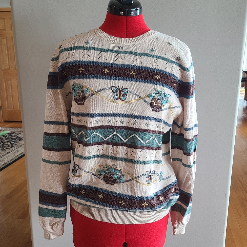 Alfred Dunner Vintage Beaded Floral Striped Sweater - Butterflies - Small